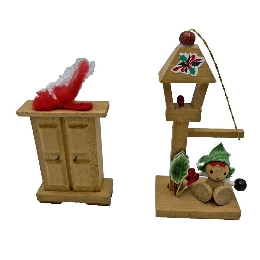 2 Vintage Dollhouse Furniture Lamppost & Hutch Wood Christmas Tree Ornaments
